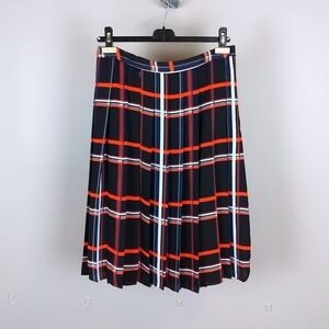 Vince Camuto Pleated Plaid Skirt Womens 8 Black Orange Blue Lightweight Midi